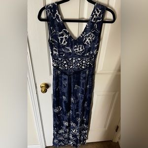H&M: Dark Blue Maxi Dress With White Floral Prints and Double Slits